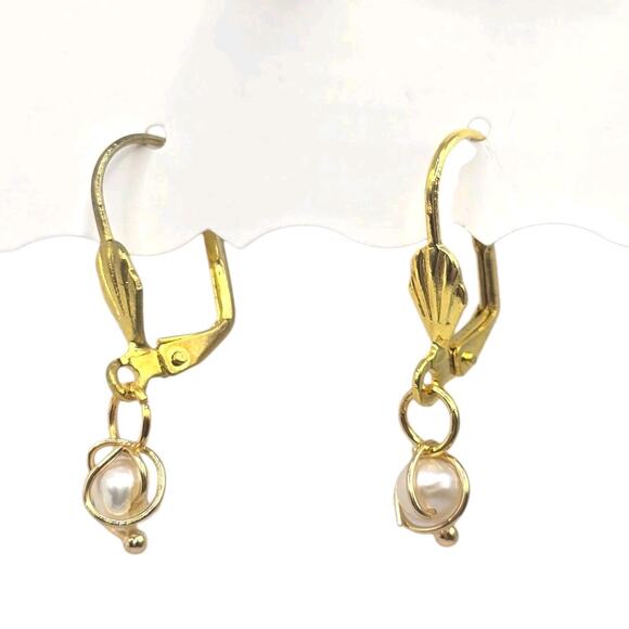 Pierced Earrings Baroque Pearl Soft Off White Wire Caged Small Artisan SKU2792 - Picture 2 of 7